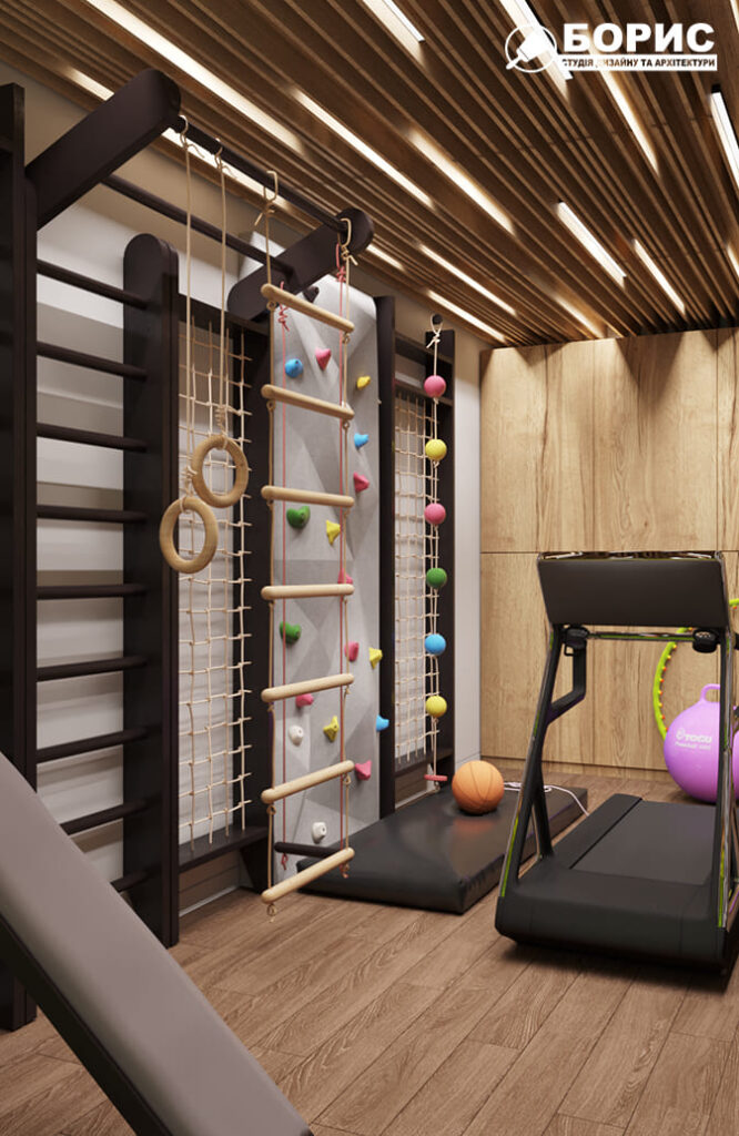Дизайн-проект интерьера двухэтажной квартиры в пос. Песочин, тренажерный зал беговая дорожка