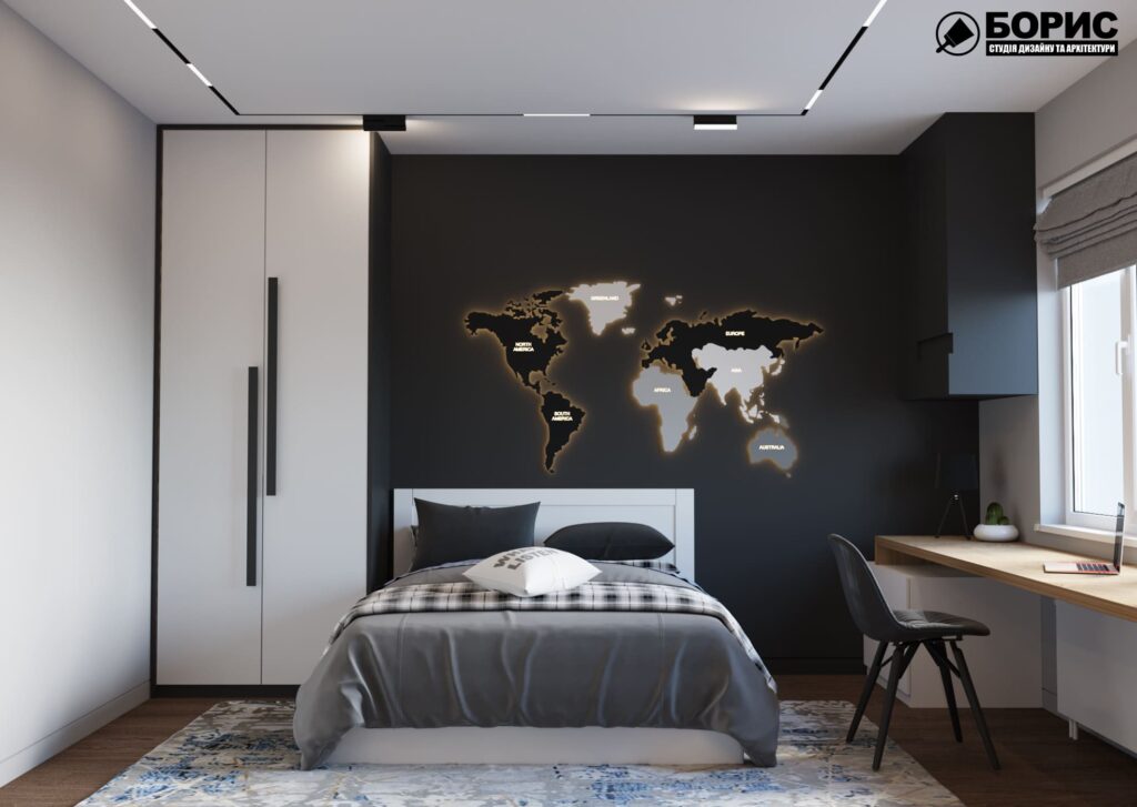 Дизайн-проект інтер'єру двоповерхової квартири в сел. Пісочин, спальня з видом по центру ліжка