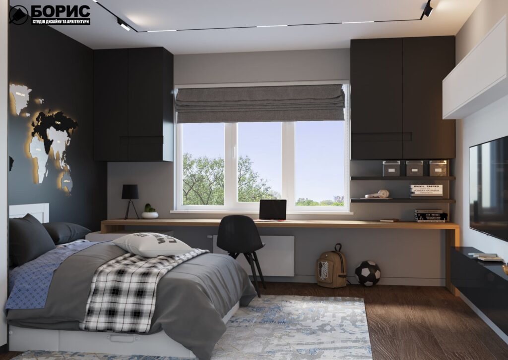 Дизайн-проект интерьера двухэтажной квартиры в пос. Песочин, спальня вид на окно