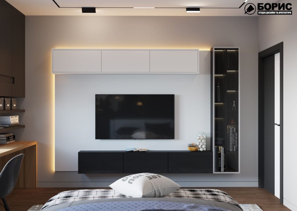 Дизайн-проект интерьера двухэтажной квартиры в пос. Песочин, спальня вид на телевизор и шкаф