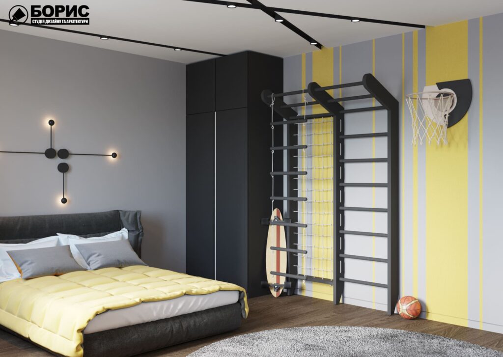 Дизайн-проект интерьера двухэтажной квартиры в пос. Песочин, детская вид под углом