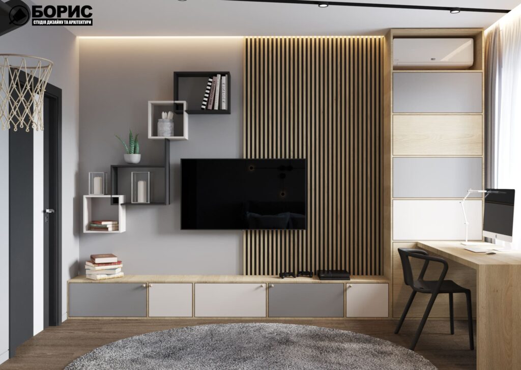 Дизайн-проект інтер'єру двоповерхової квартири в сел. Пісочин, дитяча з видом на телевізор