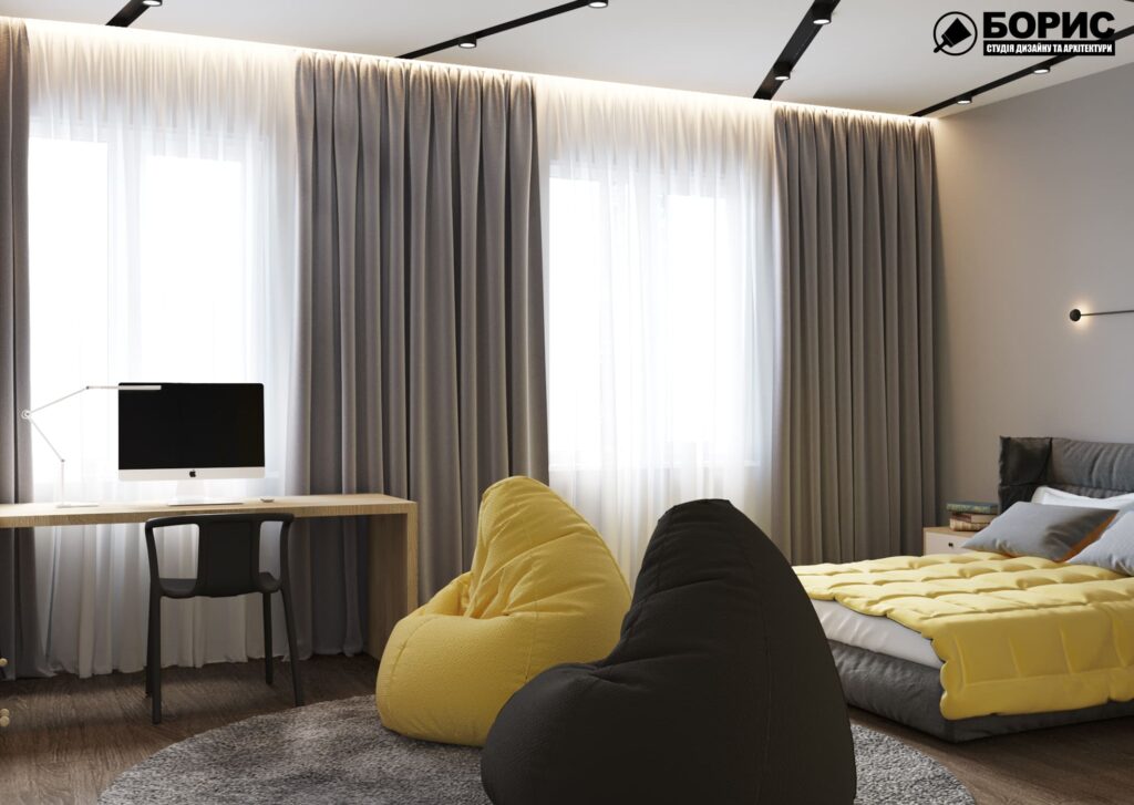 Дизайн-проект интерьера двухэтажной квартиры в пос. Песочин, детская вид на окна