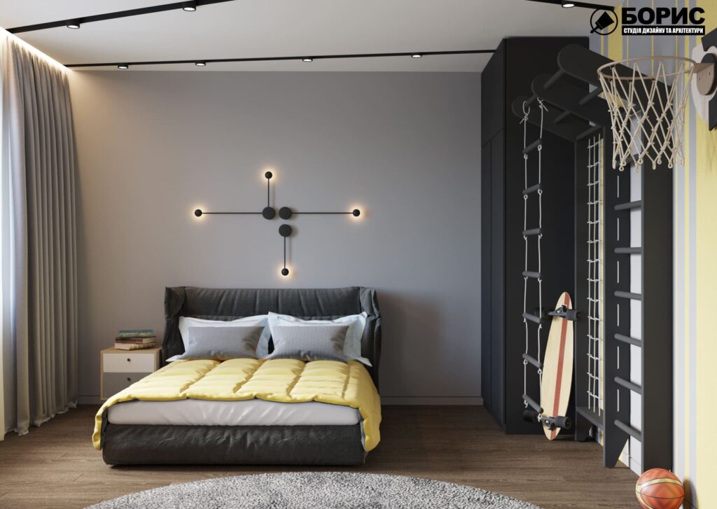 Дизайн-проект інтер'єру двоповерхової квартири в сел. Пісочин, дитяча з ліжком по центру