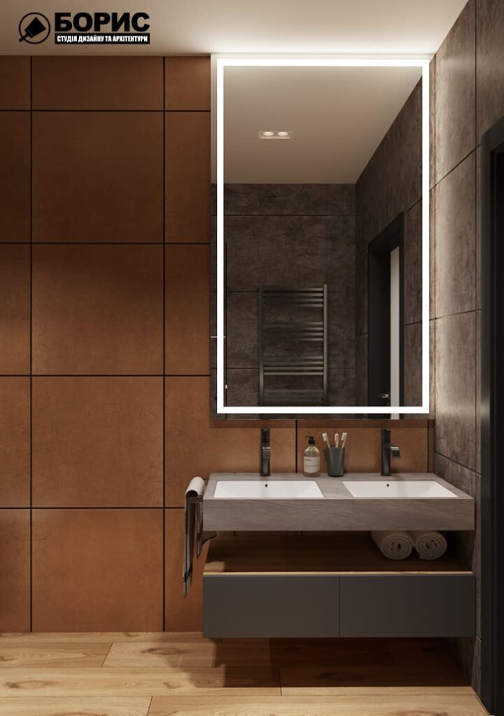 Дизайн-проект інтер'єру двоповерхової квартири в сел. Пісочин, санвузол з видом на дзеркало з підсвіткою