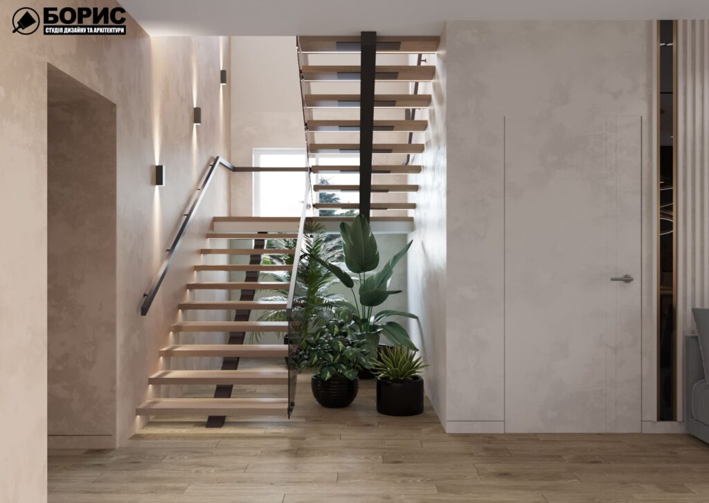Дизайн-проект интерьера двухэтажной квартиры в пос. Песочин, прихожая вид на лестницу