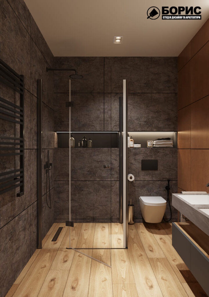 Дизайн-проект інтер'єру двоповерхової квартири в сел. Пісочин, санвузол з видом на душову