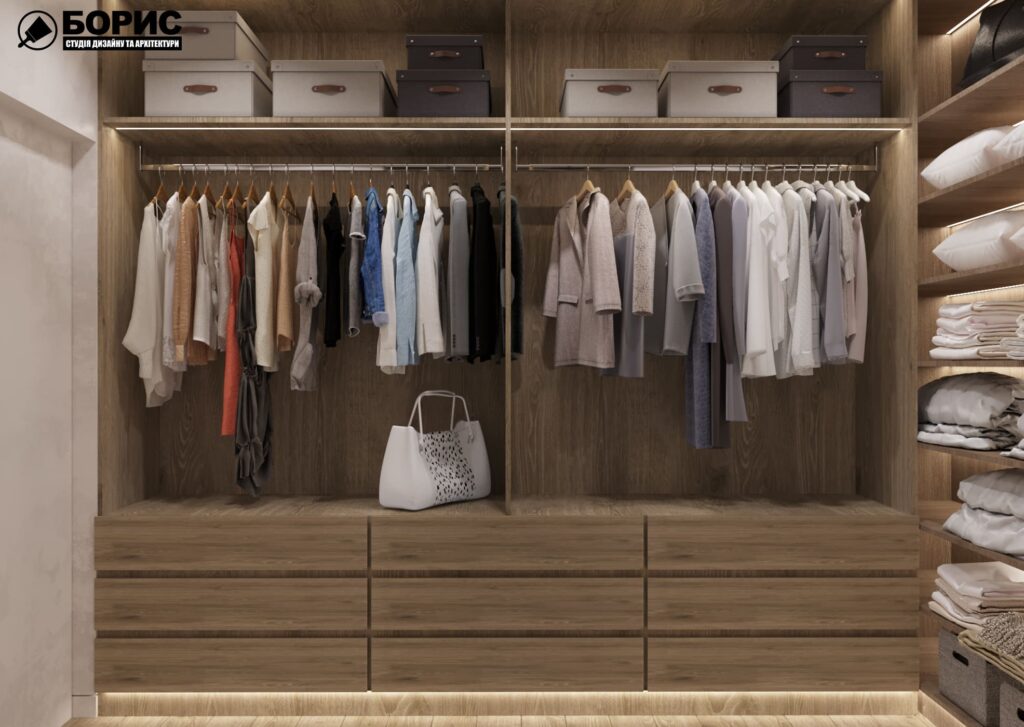 Дизайн-проект інтер'єру двоповерхової квартири в сел. Пісочин, гардеробна вид по центру