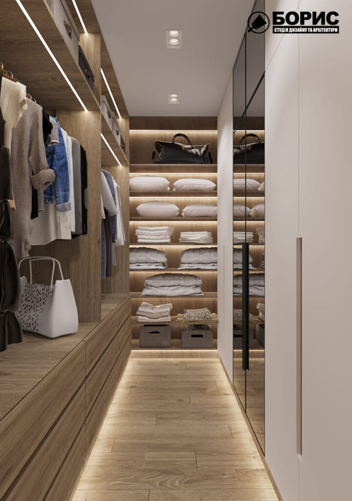 Дизайн-проект інтер'єру двоповерхової квартири в сел. Пісочин, гардеробна з видом праворуч