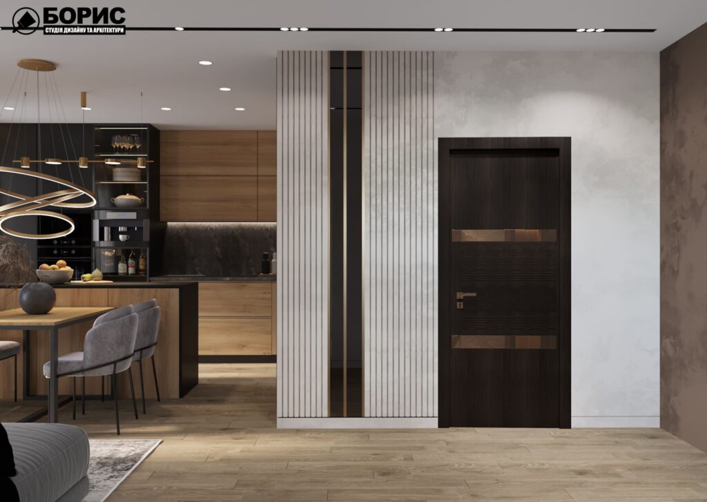 Дизайн-проект интерьера двухэтажной квартиры в пос. Песочин, прихожая вид на кухню