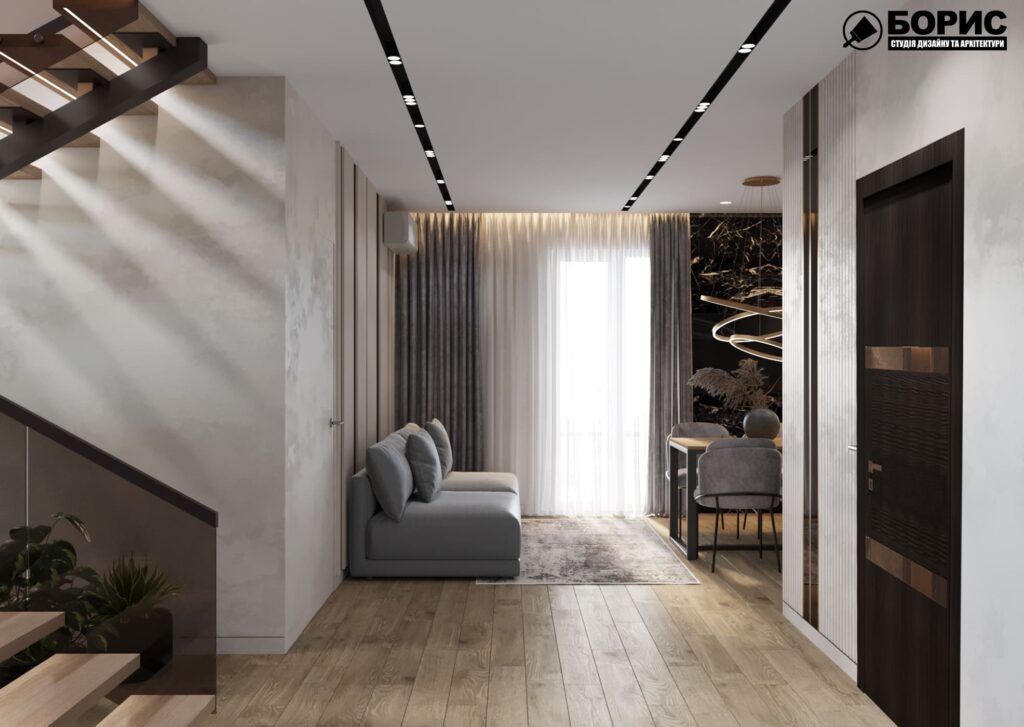 Дизайн-проект интерьера двухэтажной квартиры в пос. Песочин, прихожая вид на кухню под другим углом