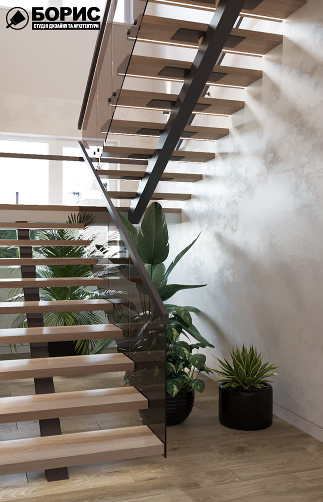 Дизайн-проект інтер'єру двоповерхової квартири в сел. Пісочин, передпокій вид на сходи під іншим кутом