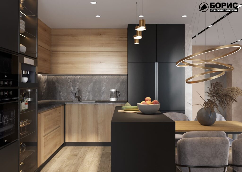 Дизайн-проект інтер'єру двоповерхової квартири в сел. Пісочин, кухня з видом на робочу зону