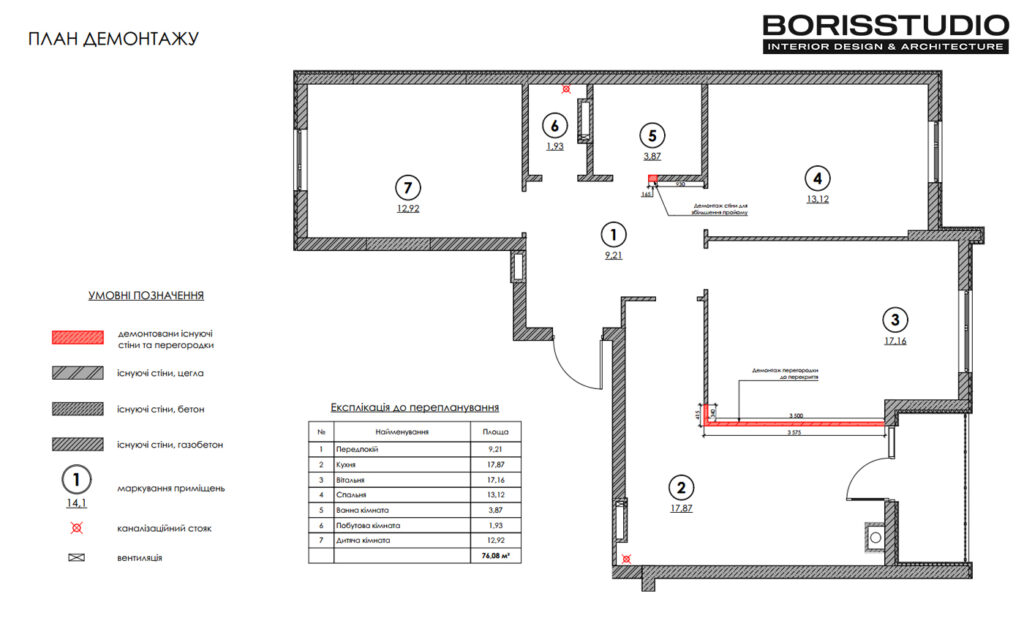 Дизайн-проект интерьера квартиры в ЖК «Синергия Сити», план демонтажа