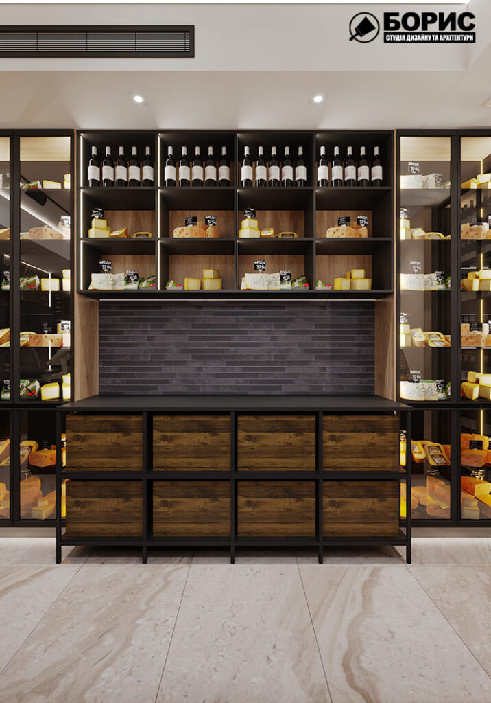 Дизайн-проект интерьера магазина сыров, главный зал полки по центру
