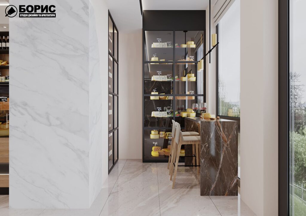 Дизайн-проект интерьера магазина сыров, главный зал вид на стол у окна