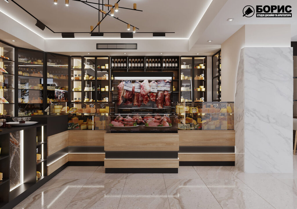 Дизайн-проект интерьера магазина сыров, главный зал вид на мясной сектор