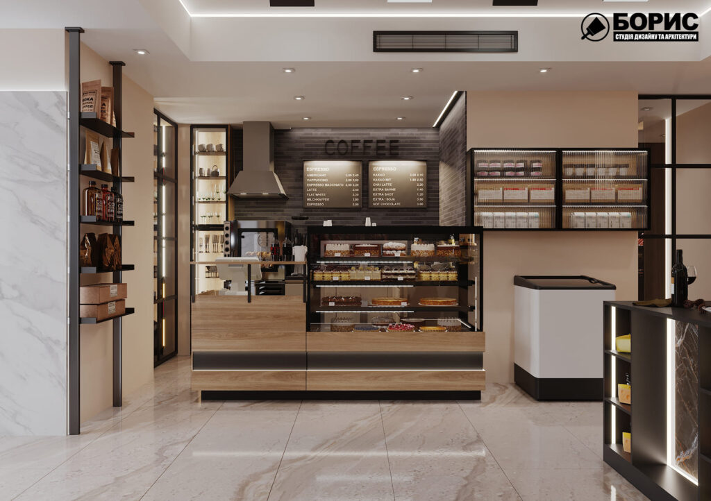 Дизайн-проект інтер'єру магазину сирів, головна зала вид ліворуч