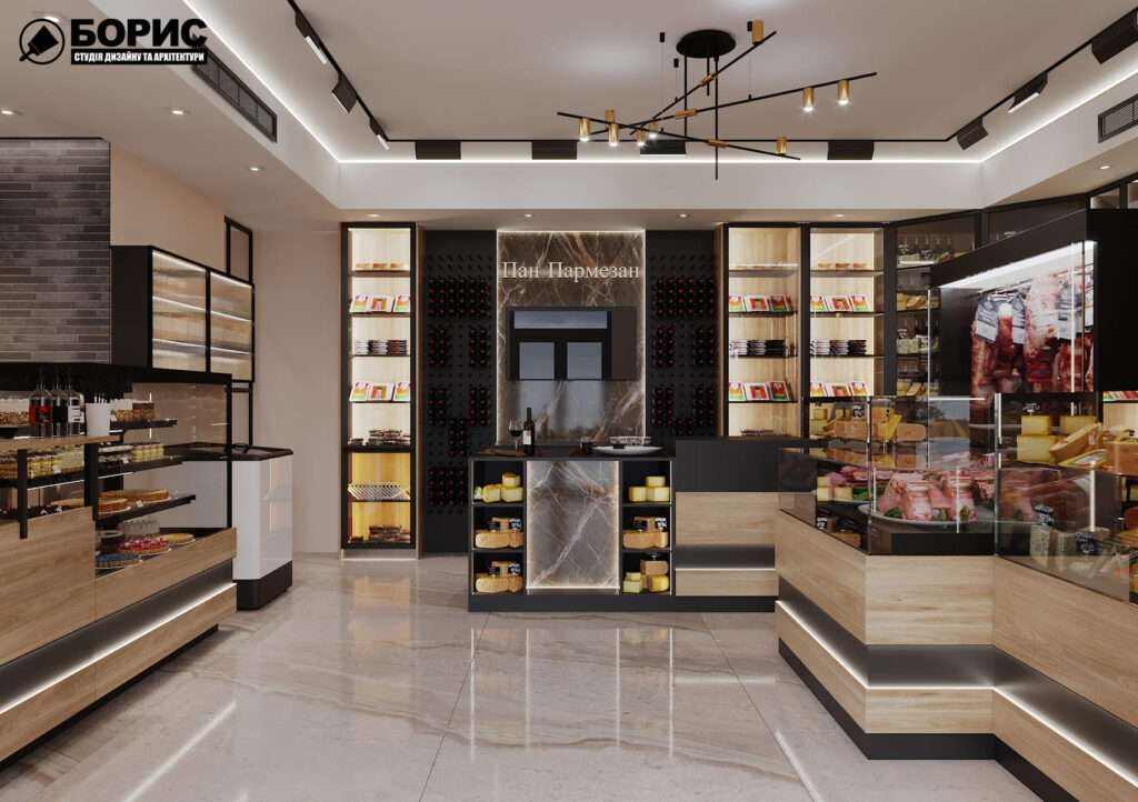 Дизайн-проект інтер'єру магазину сирів, головна зала вид в цілому