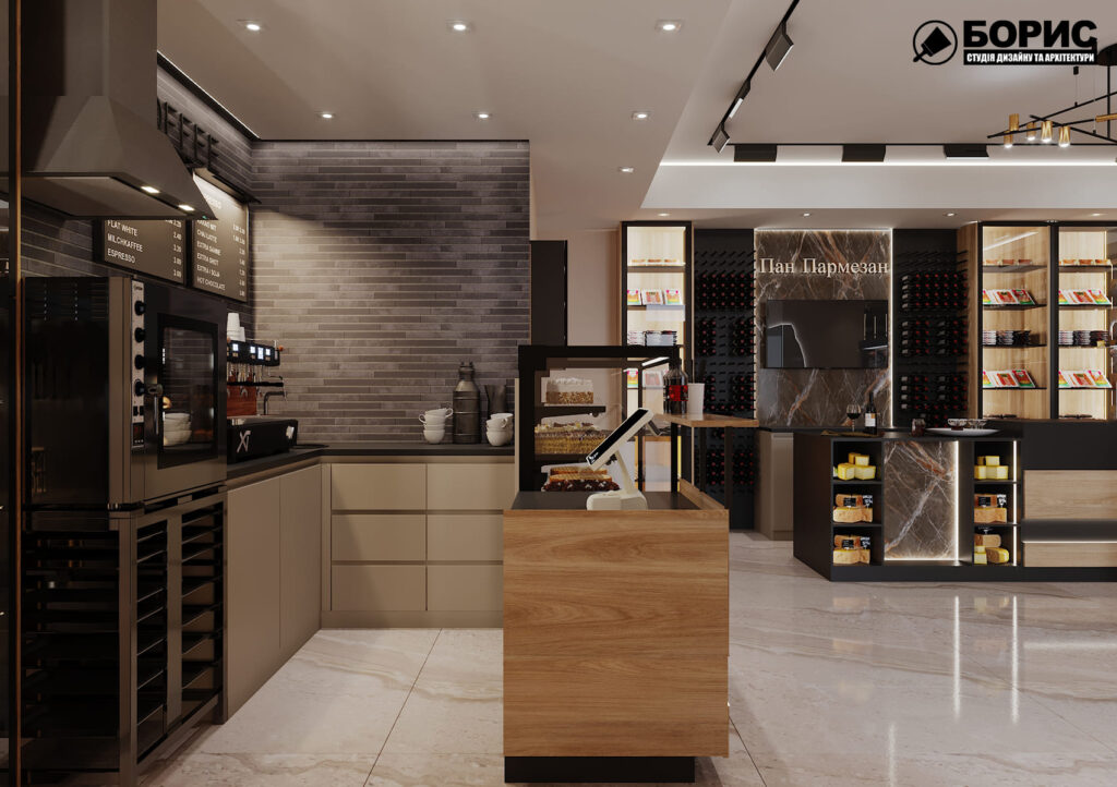 Дизайн-проект интерьера магазина сыров, главный зал вид на стойку