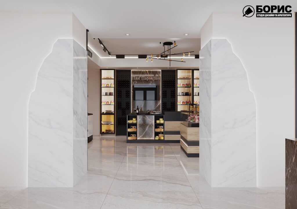 Дизайн-проект інтер'єру магазину сирів, головна зала вид на арку