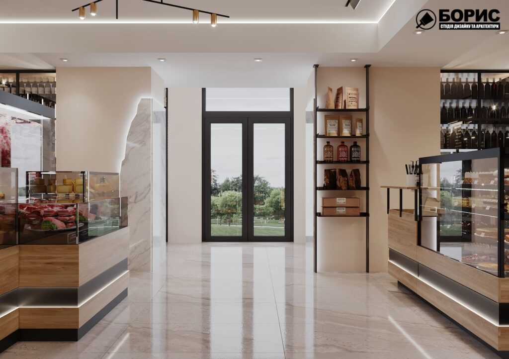 Дизайн-проект интерьера магазина сыров, главный зал входные двери