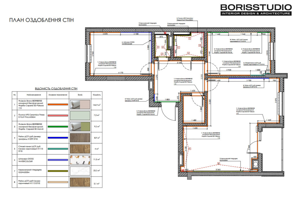 Дизайн-проект інтер'єра квартири у ЖК «Сінергія Сіті», план оздоблення стін