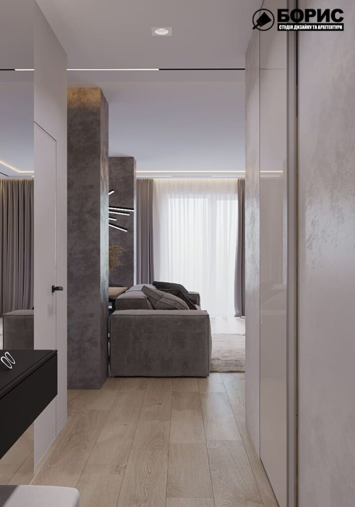 Дизайн-проект интерьера двухкомнатной квартиры ЖК «Журавли», прихожая вид на гостиную