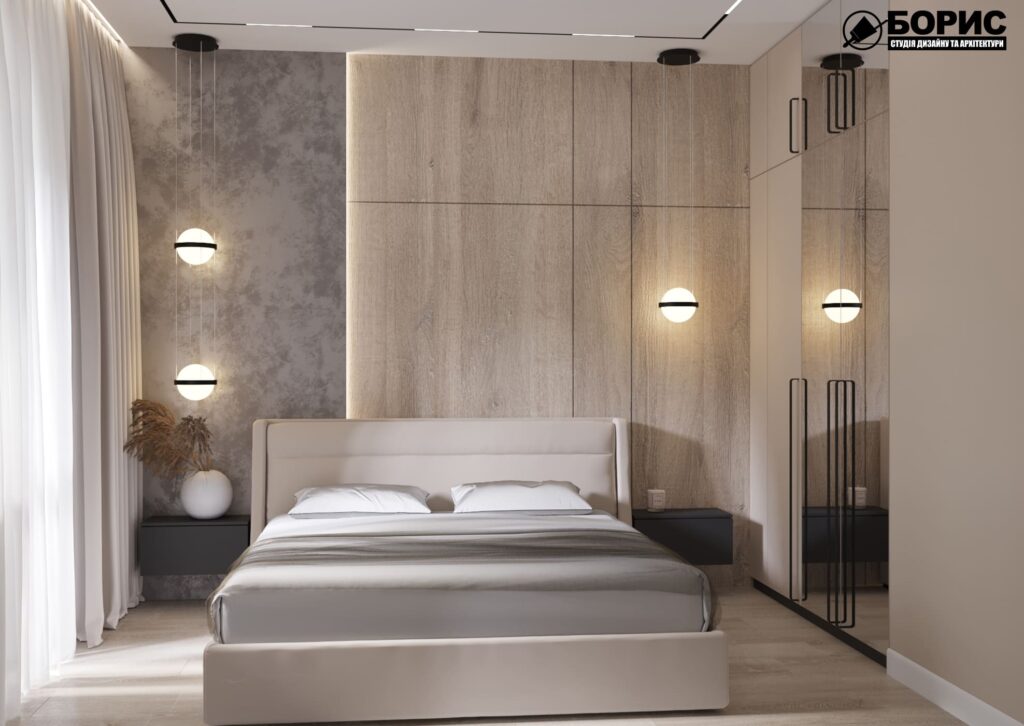 Дизайн-проект интерьера двухкомнатной квартиры ЖК «Журавли», спальня кровать по центру