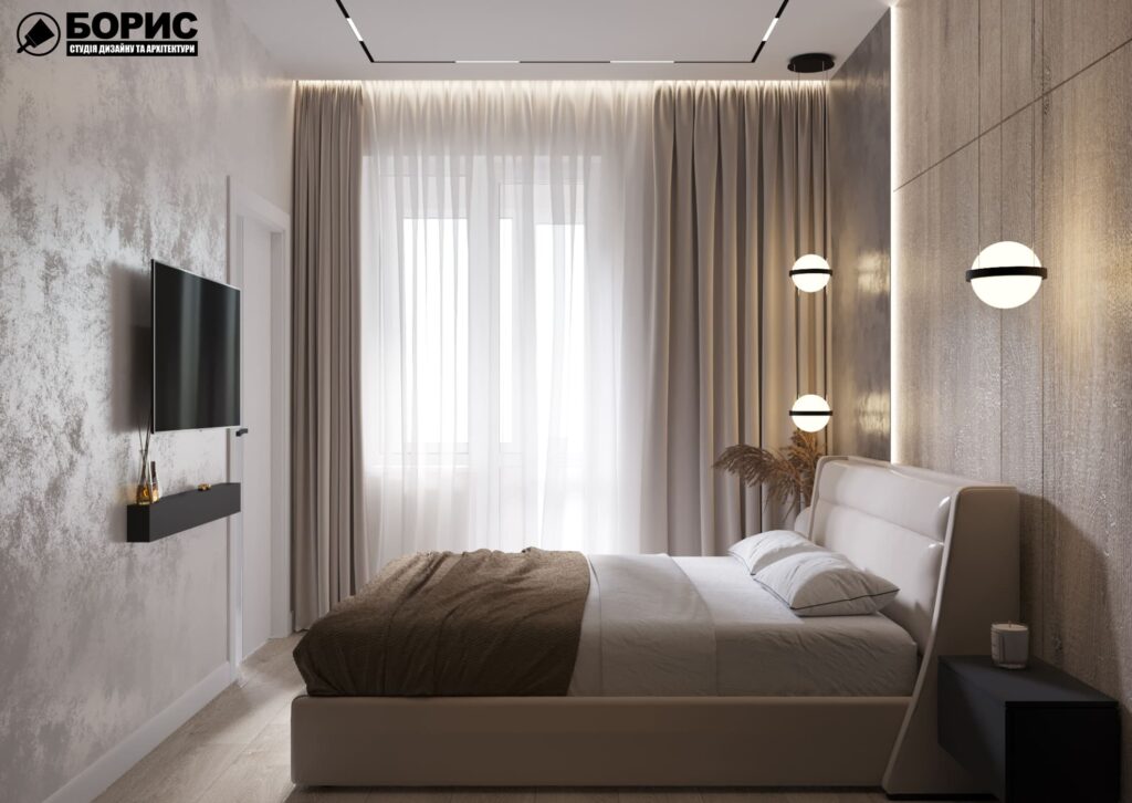 Дизайн-проект интерьера двухкомнатной квартиры ЖК «Журавли», спальня вид слева