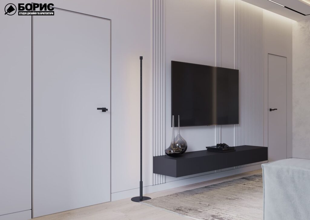 Дизайн-проект интерьера двухкомнатной квартиры ЖК «Журавли», гостиная полка под ТВ