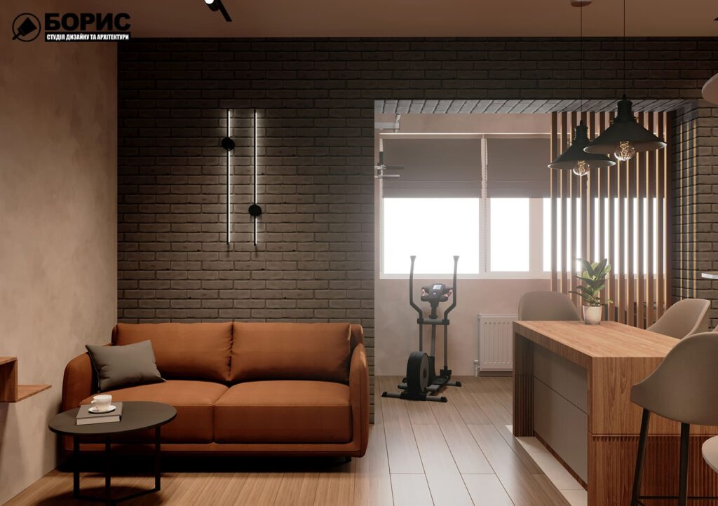 Дизайн-проект інтер'єру квартири ЖК "Річковий квартал", кухня-вітальня вид на диван