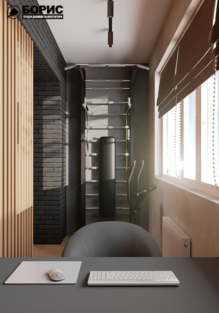 Дизайн-проект интерьера квартиры ЖК "Речной квартал", балкон вид на тренажер
