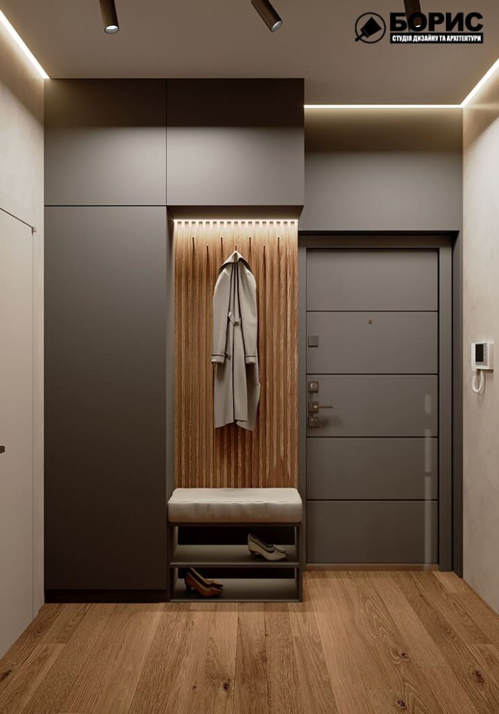 Дизайн-проект інтер'єру квартири ЖК "Річковий квартал", передпокій вид на шафу