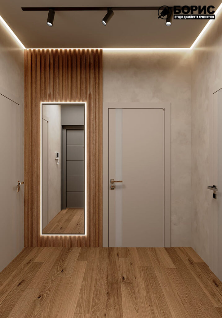 Дизайн-проект интерьера квартиры ЖК "Речной квартал", прихожая вид на зеркало