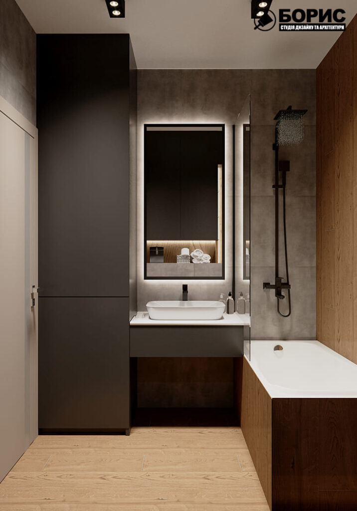 Дизайн-проект интерьера квартиры ЖК "Речной квартал", санузел вид на зеркало