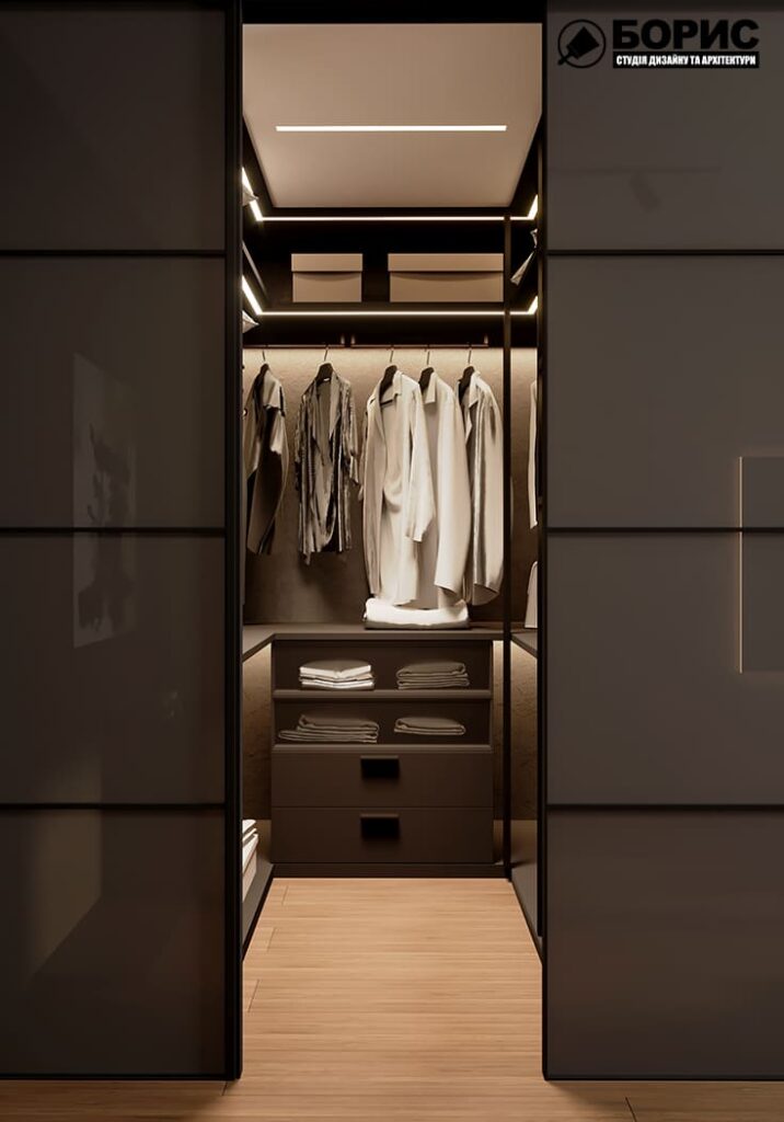 Дизайн-проект интерьера квартиры ЖК "Речной квартал", гардероб вход в комнату