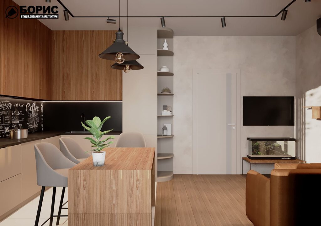 Дизайн-проект інтер'єру квартири ЖК "Річковий квартал", кухня-вітальня вид в цілому