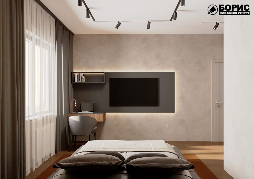 Дизайн-проект интерьера квартиры ЖК "Речной квартал", спальня вид на ТВ