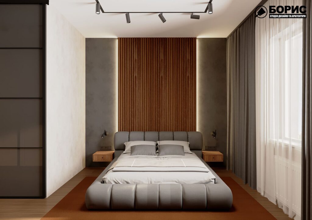 Дизайн-проект интерьера квартиры ЖК "Речной квартал", спальня вид на кровать по центру