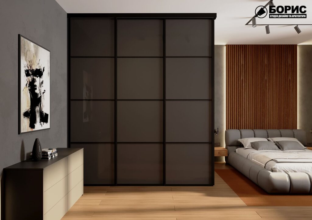 Дизайн-проект интерьера квартиры ЖК "Речной квартал", спальня вид на ширму