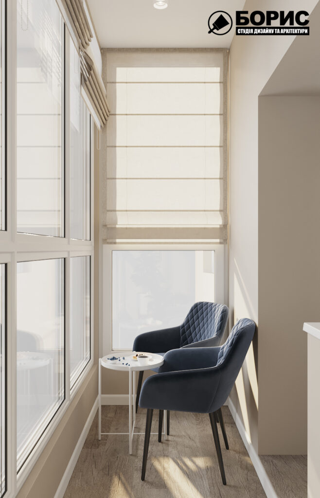 Дизайн інтер'єру однокімнатної квартири ЖК «Меридіан», балкон вид справа