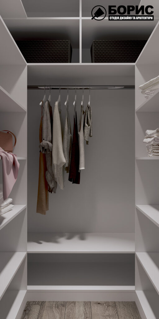 Дизайн інтер'єру однокімнатної квартири ЖК «Черемушки», гардеробна вид спереду