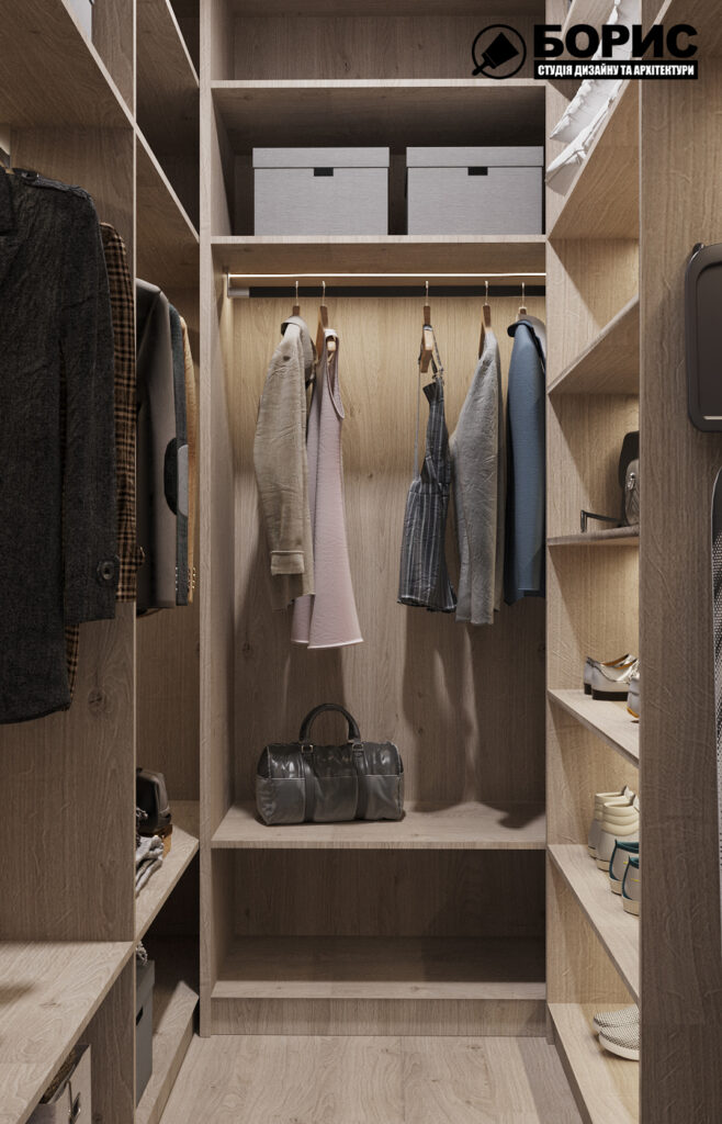 Дизайн інтер'єру однокімнатної квартири ЖК «Меридіан», гардеробна вид зліва