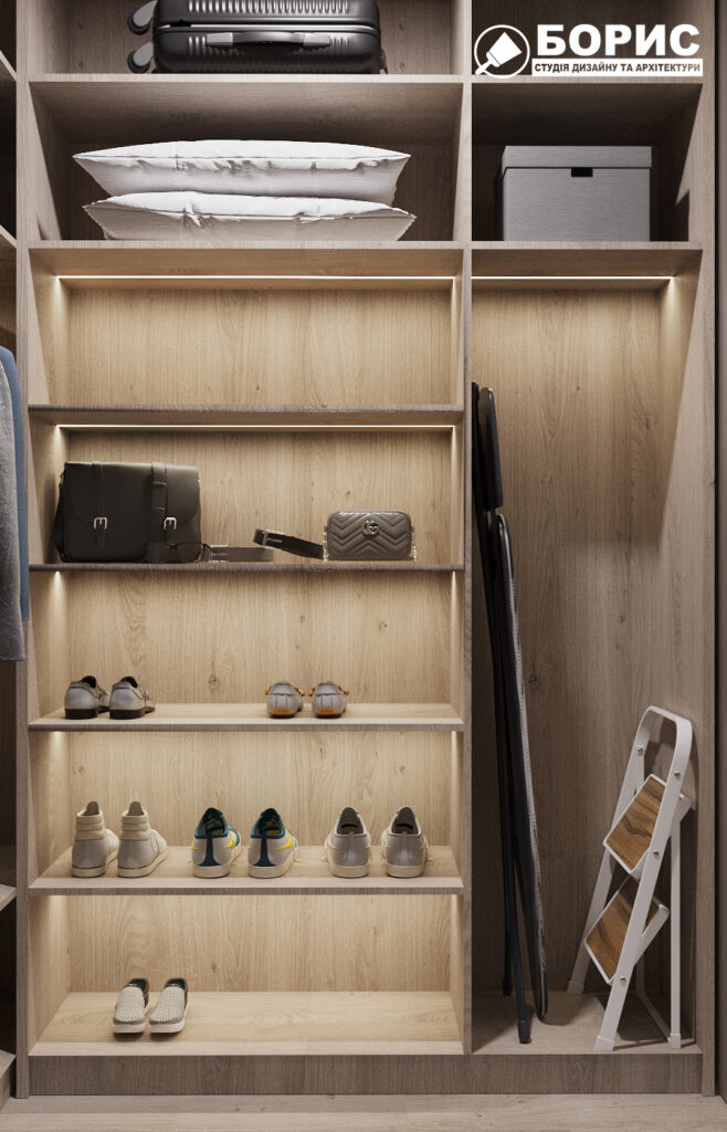 Дизайн інтер'єру однокімнатної квартири ЖК «Меридіан», гардеробна вид спереду
