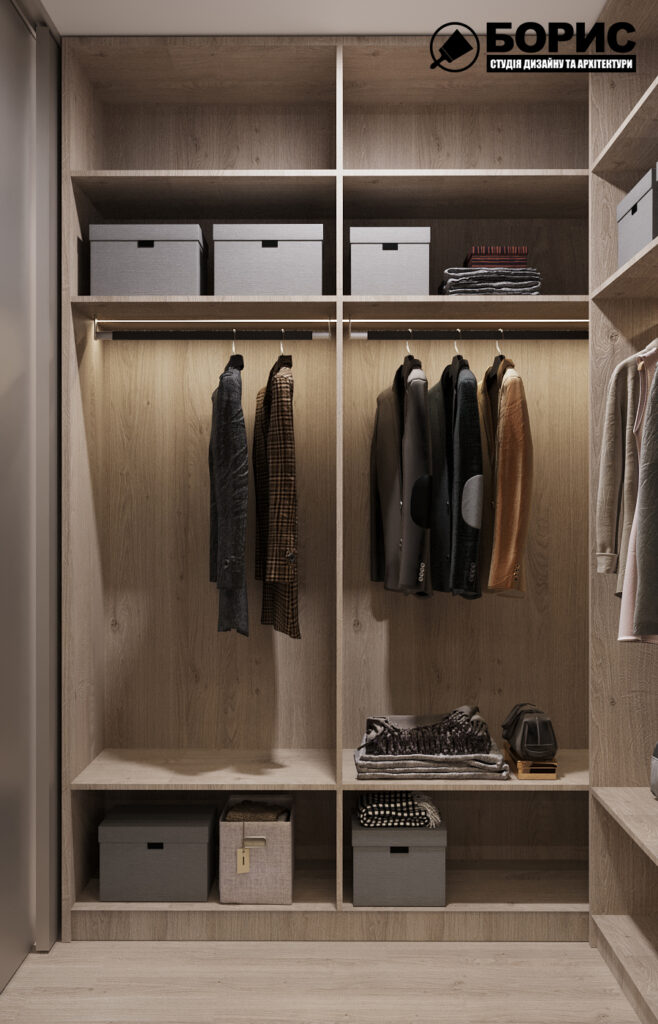 Дизайн интерьера однокомнатной квартиры ЖК «Меридиан», гардеробная вид справа