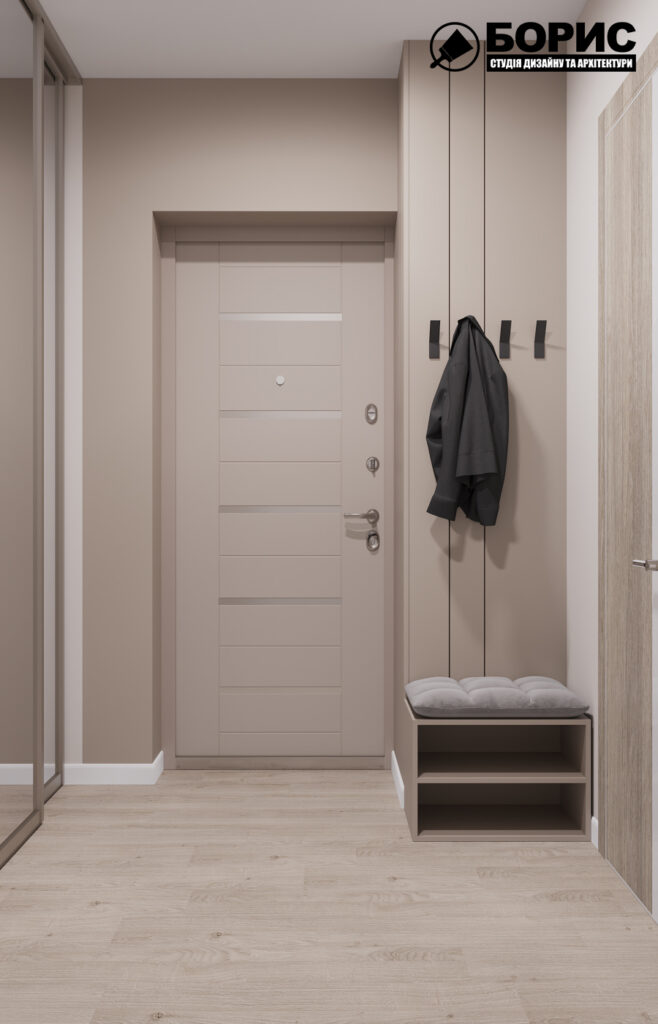 Дизайн інтер'єру однокімнатної квартири ЖК «Меридіан», передпокій вид ззаду