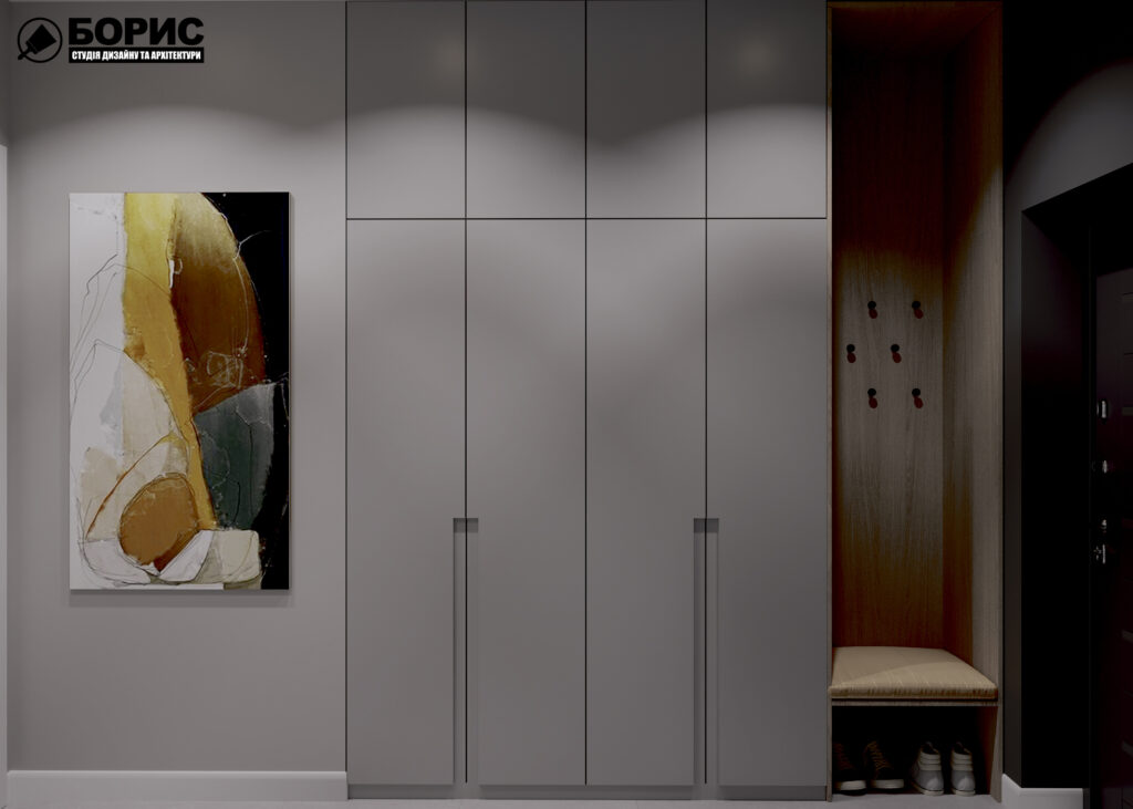 Дизайн інтер'єру однокімнатної квартири ЖК «Черемушки», передпокій вид справа