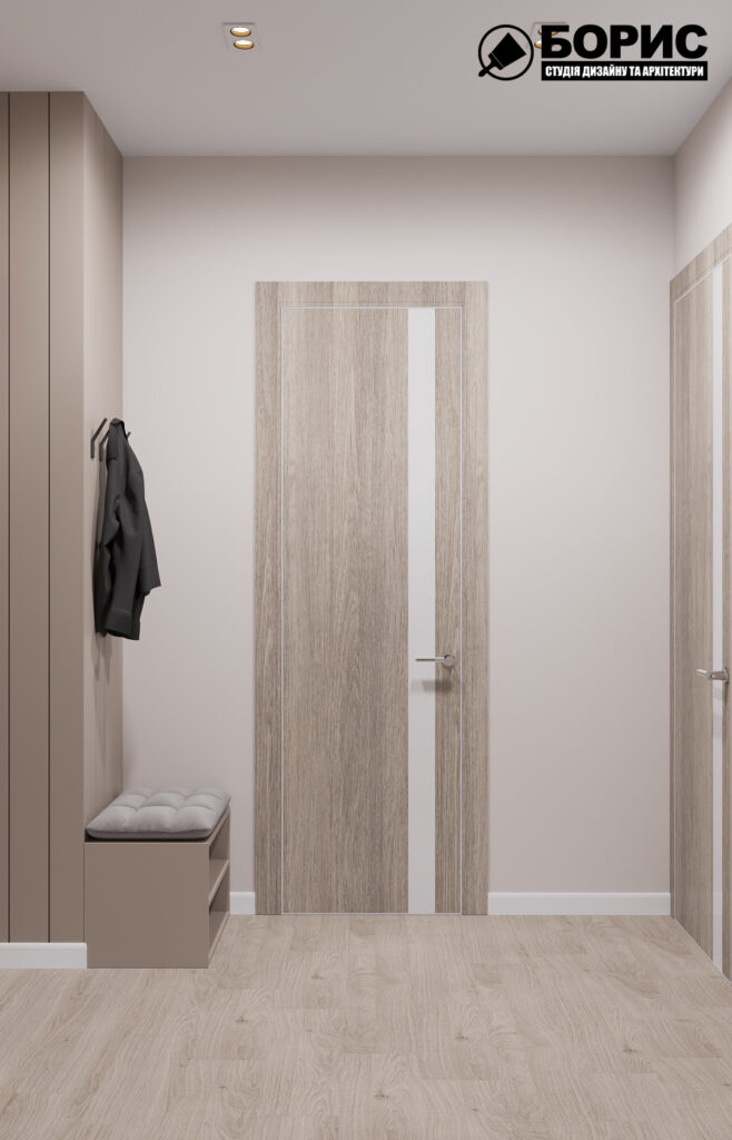 Дизайн интерьера однокомнатной квартиры ЖК «Меридиан», прихожая вид слева