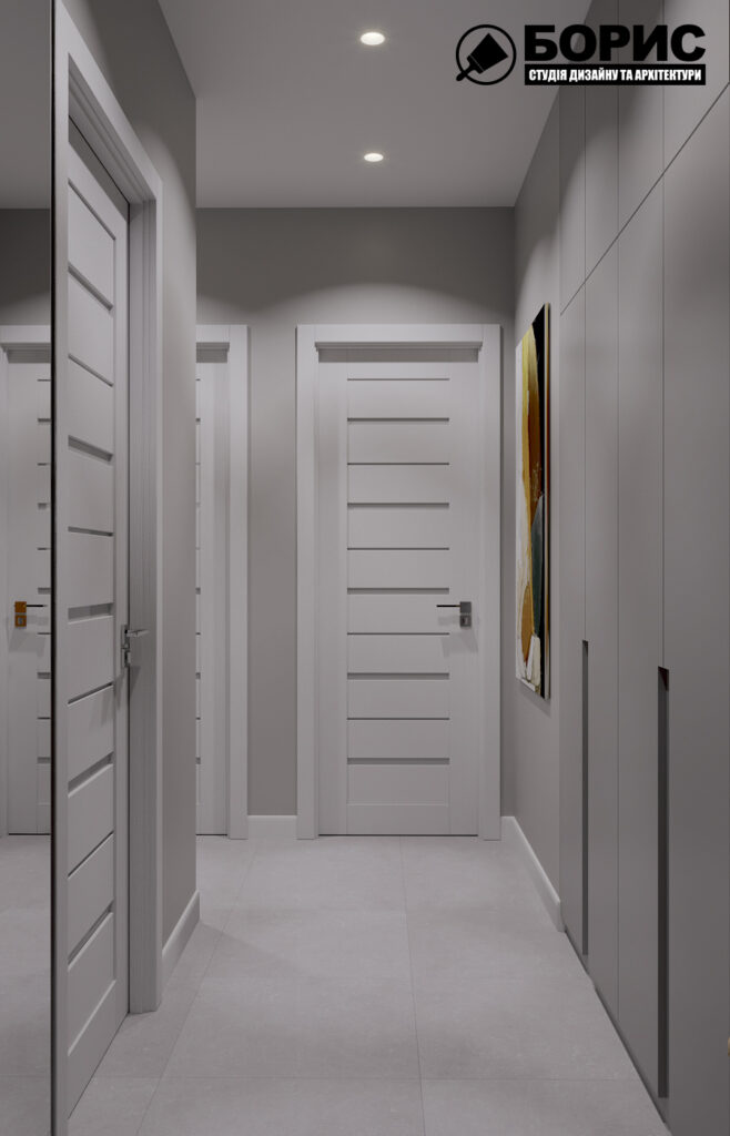 Дизайн інтер'єру однокімнатної квартири ЖК «Черемушки», коридор вид спереду